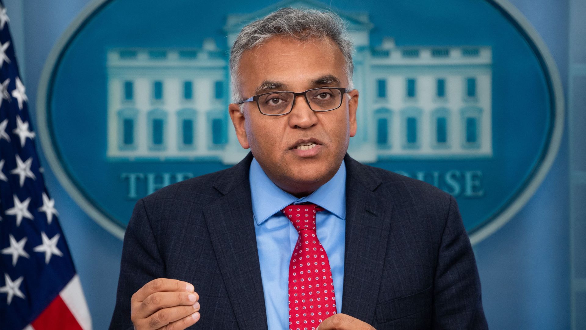 Ashish Jha is seen speaking at the daily White House press briefing.