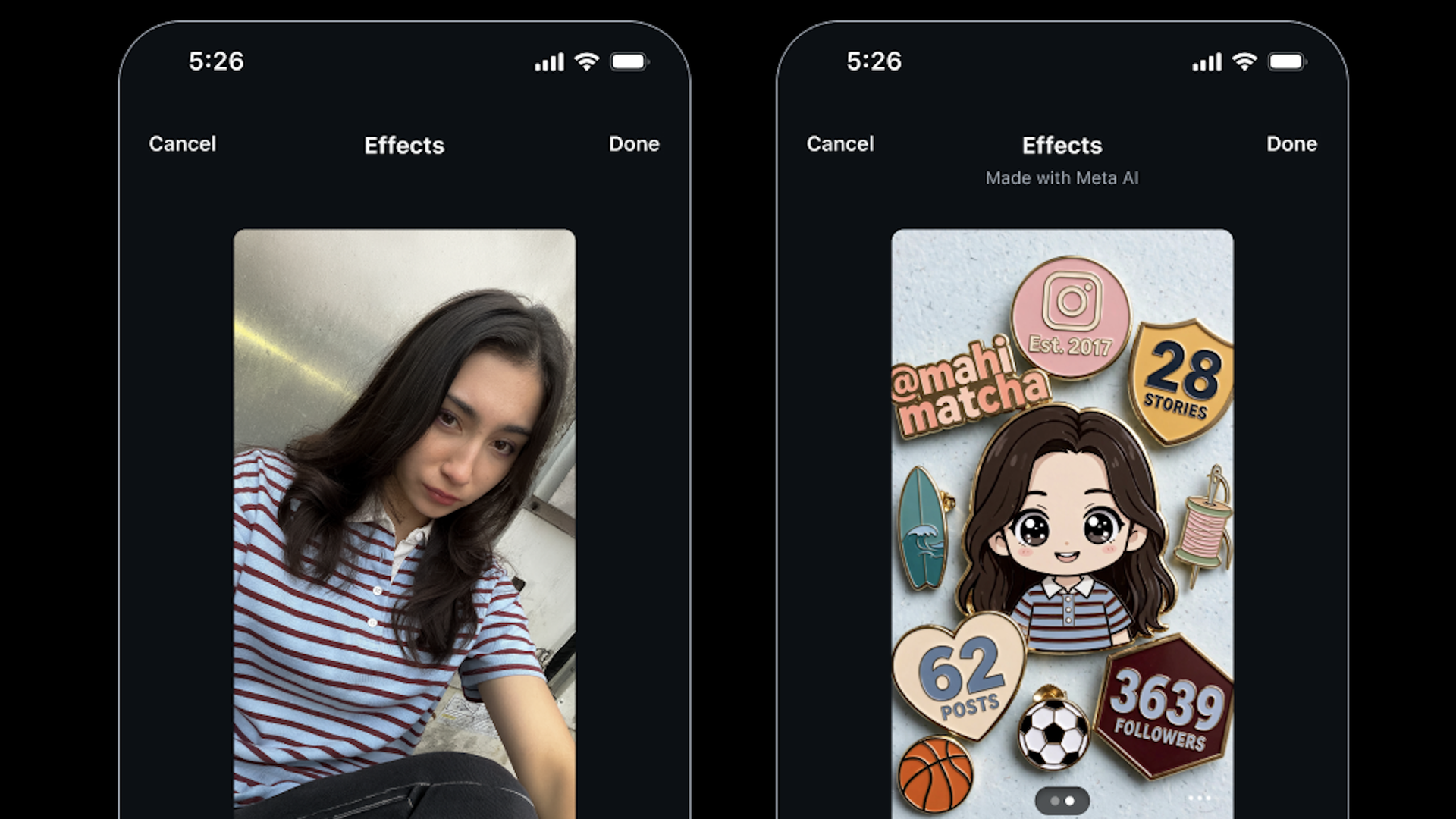 Screenshot of Meta Muse Image's Effects editor showing a source photo and generated sticker collage