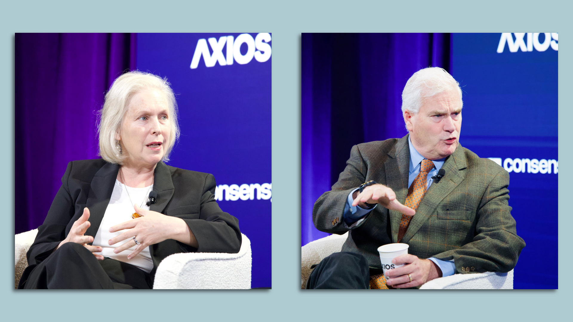 Sen. Kirsten Gillibrand and Rep. Tom Emmer on stage at an Axios event.