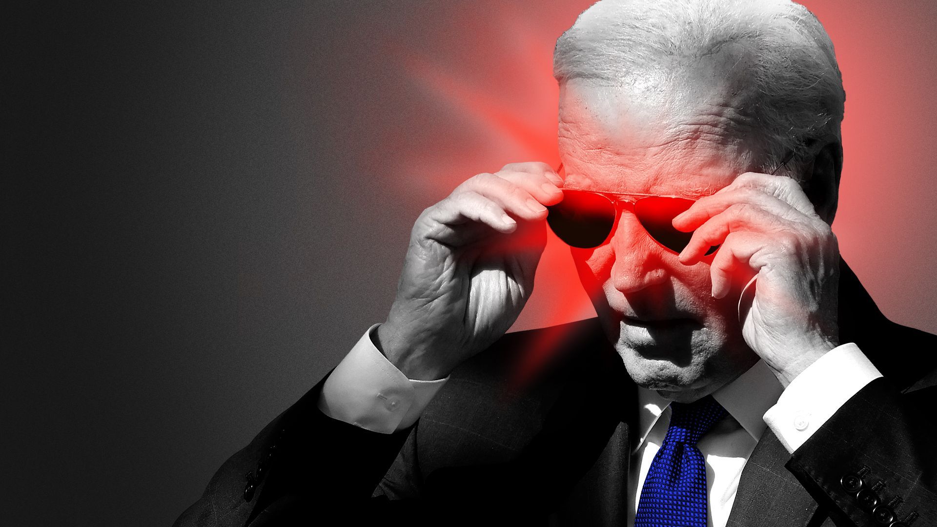 Photo illustration of President Biden removing red aviator sunglasses to reveal a red glow similar to the "Dark Brandon" meme