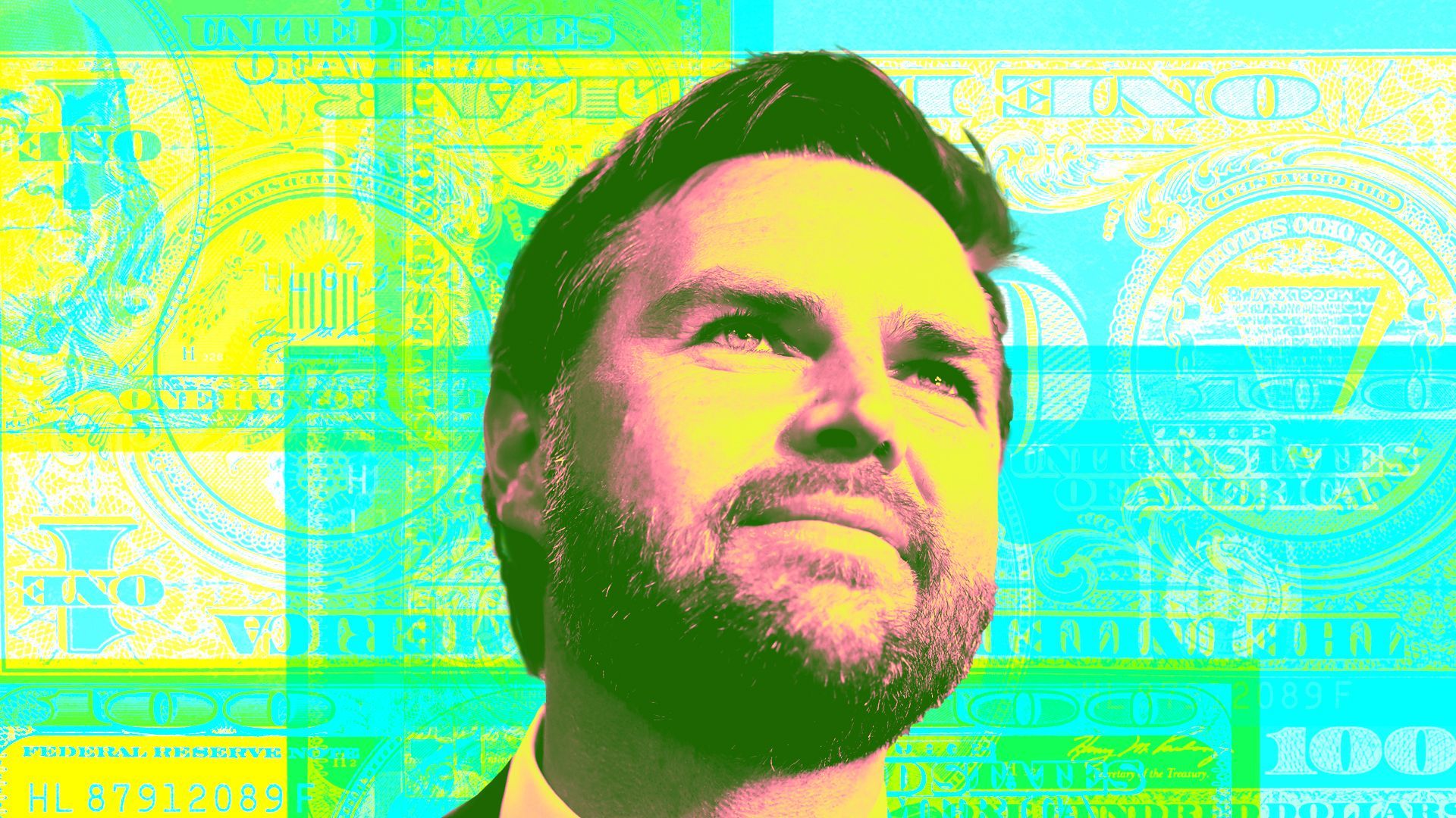 Photo illustration of U.S. Sen. J.D. Vance surrounded by a collage of dollar and hundred dollar bills