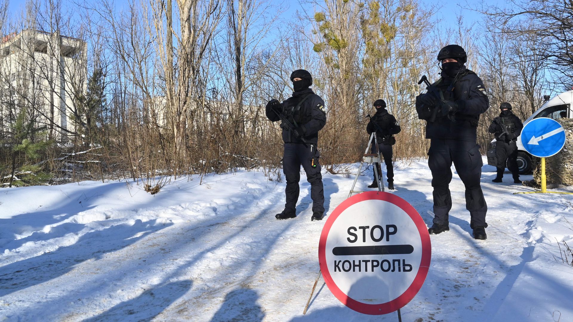 Servicemen take part in a joint tactical and special exercises near Chernobyl Nuclear Power Plant on February 4, 2022