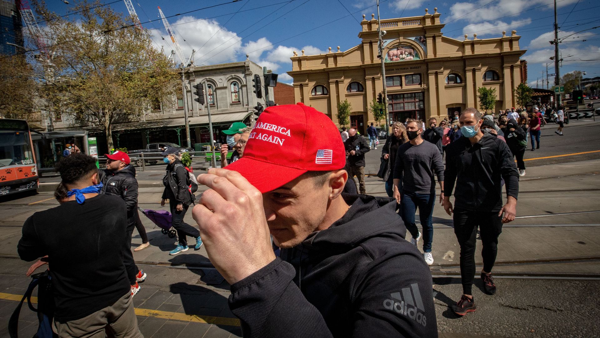 Protesters begin to march from the Queen Victoria Market on September 13, 2020 in Melbourne, Australia.