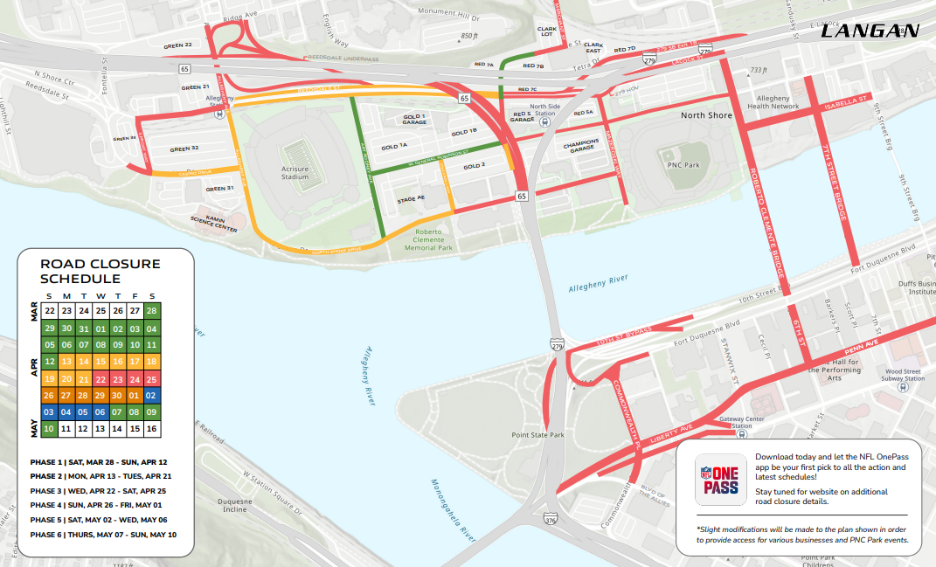 Map of road closures for the NFL Draft in Pittsburgh. Road closures run from March 28 to May 10. 