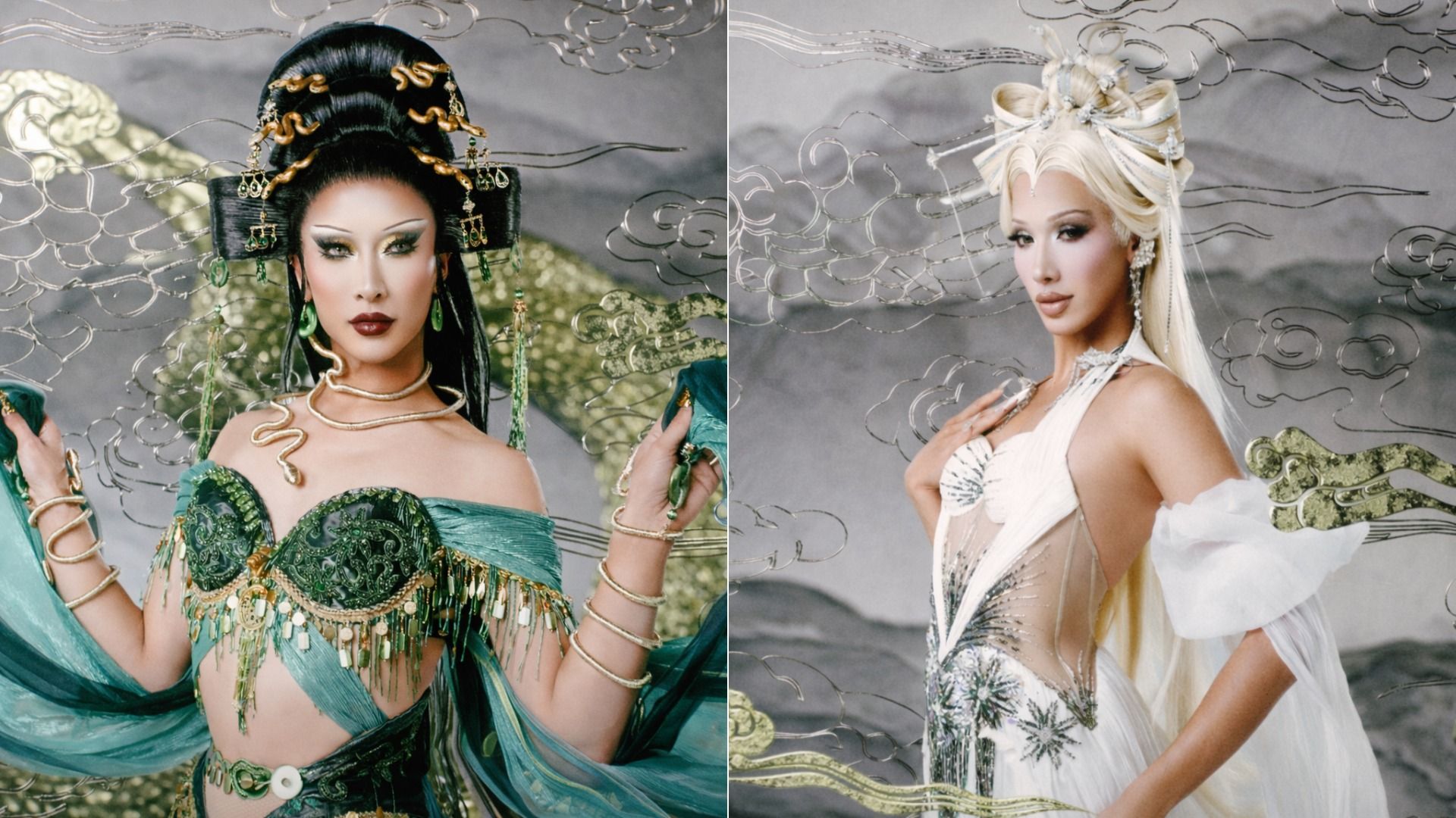 Two individuals dressed in intricate, fantasy-inspired costumes with elaborate hairstyles and makeup. Left wears green and gold with snake motifs. Right wears white and silver with a bow headpiece, cloudy background.