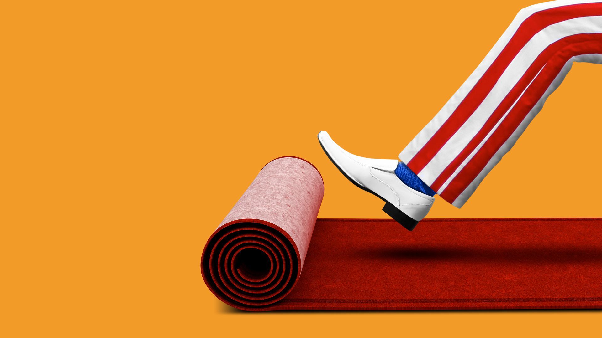 Illustration of Uncle Sam kicking out a red carpet. 