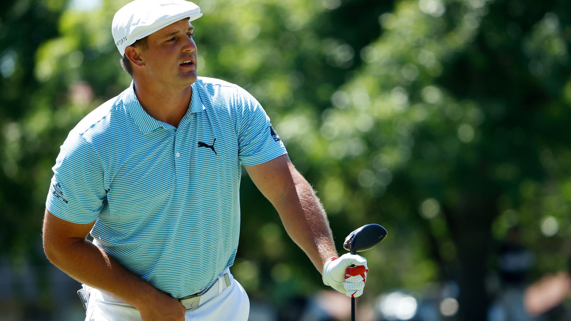 Bryson leaning over his club, wearing a blue golf shirt and a white cap