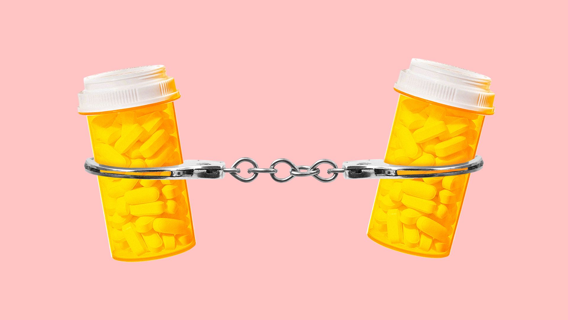 Illustration of two pill bottles in handcuffs