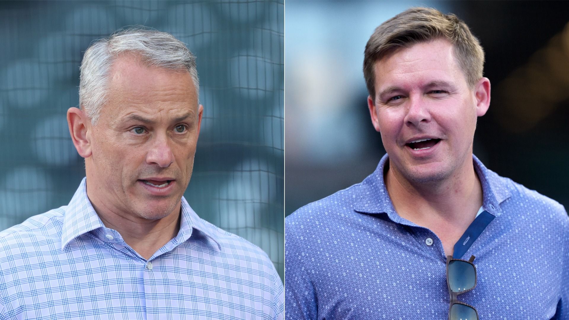 Split image of two men: left, an older man with gray hair wearing a light plaid shirt, looking serious; right, a younger man with brown hair in a blue shirt, sunglasses hanging from his collar, speaking.