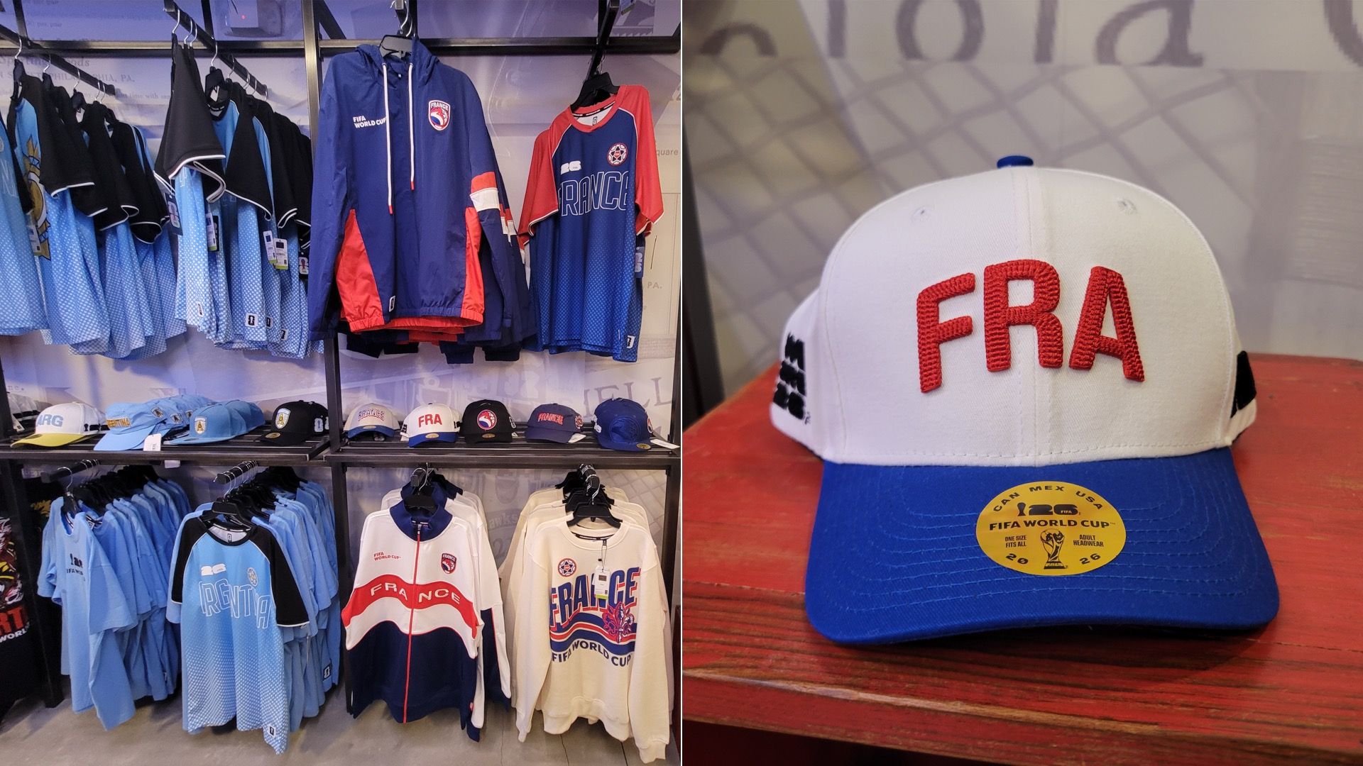 Split image of a sports store display: left shows blue France World Cup jerseys and jackets with hats below; right shows a white cap with red FRA lettering and a blue brim.