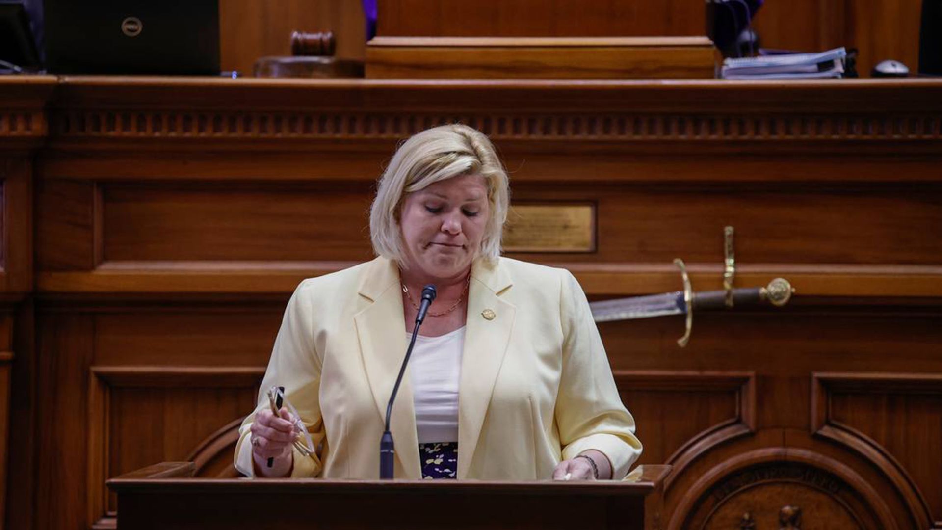 South Carolina state Sen. Penry Gustafson, a Republican, becomes emotional while speaking during a debate on the abortion ban on Wednesday April 26, 2023, in the South Carolina State House.