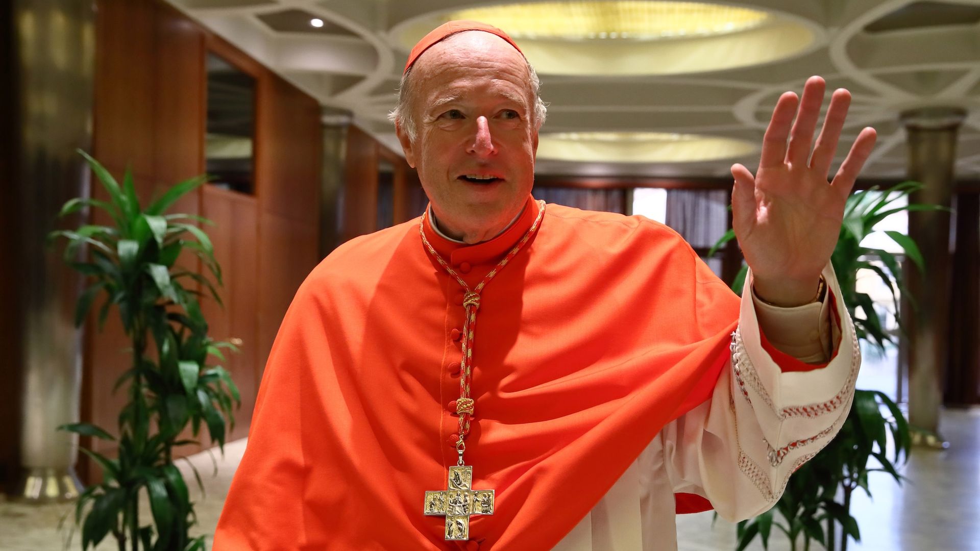 Cardinal Robert Walter McElroy, Bishop of San Diego, waves. 