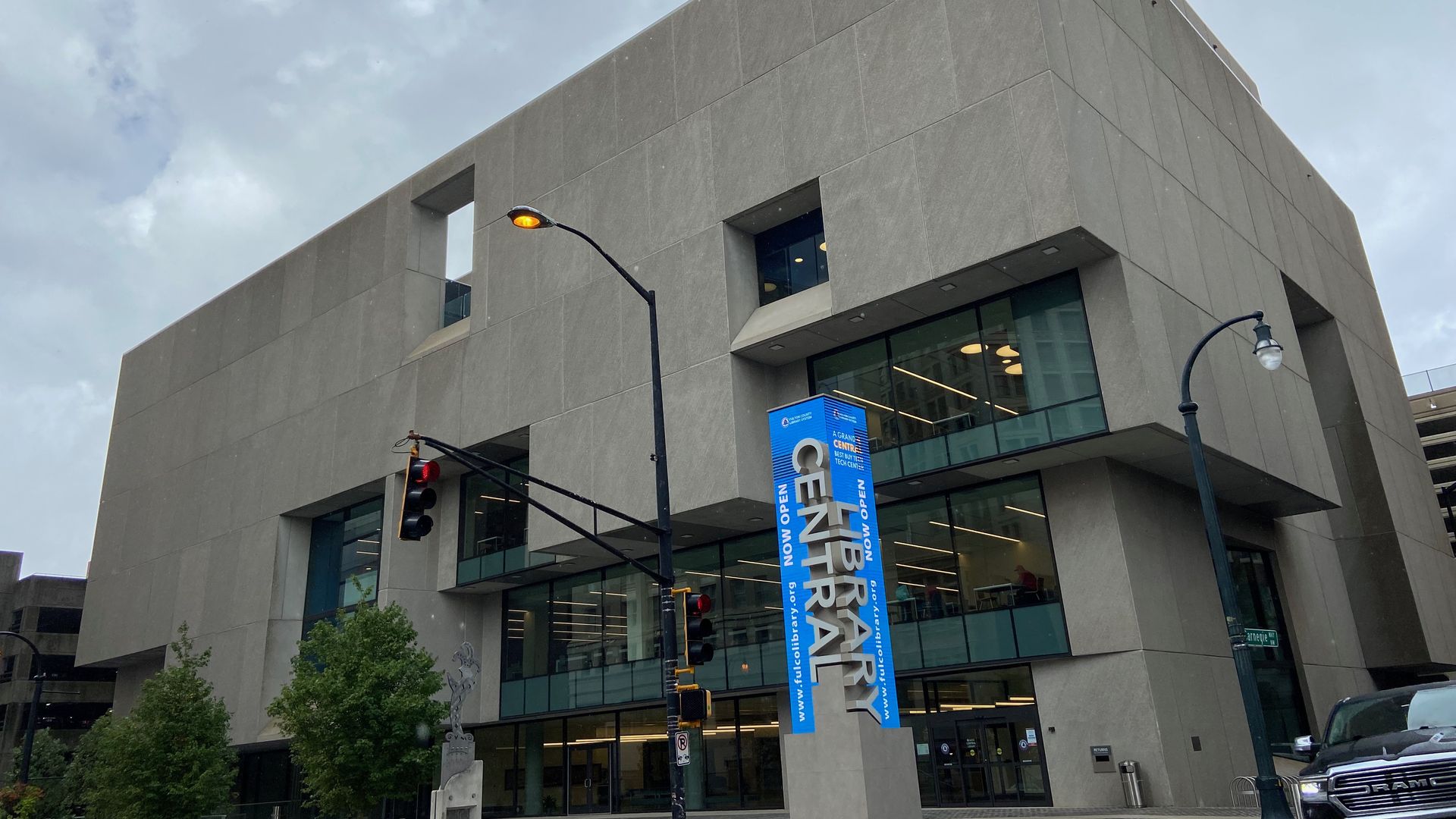 The Fulton Country Central Library after a $50 million renovation that included adding exterior windows to the Brutalist building.