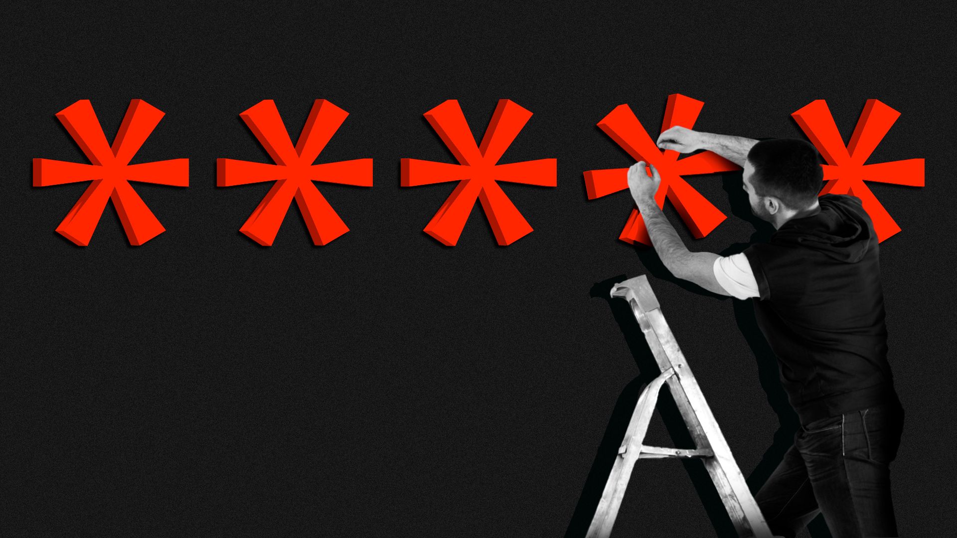 Illustration of a repair person adjusting large 3D password asterisks on the wall. 