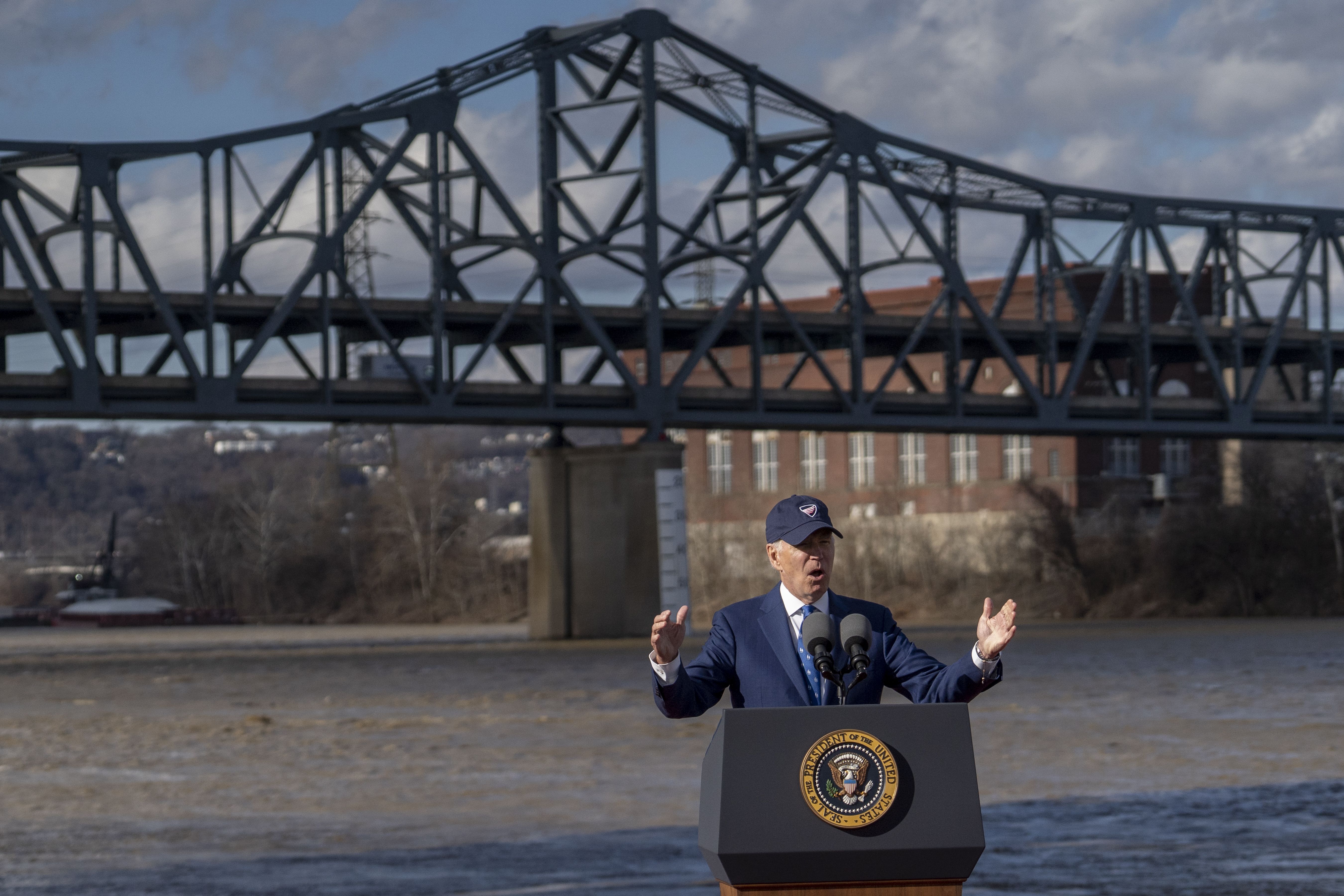 Then-President Joe Biden speaks to a crowd in front of the Brent Spence Bridge to discuss how bipartisanship helped fund the project. Photo: Courtesy of Michael Swensen via Getty Images