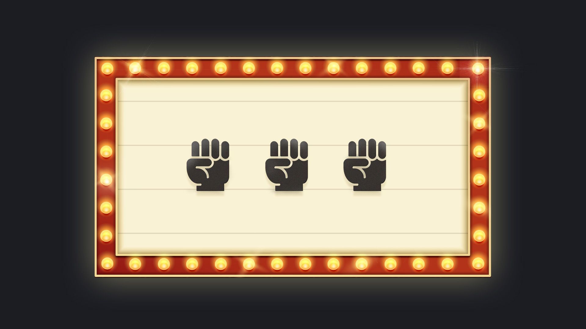 Illustration of a movie theater marquee with three raised fists on it 