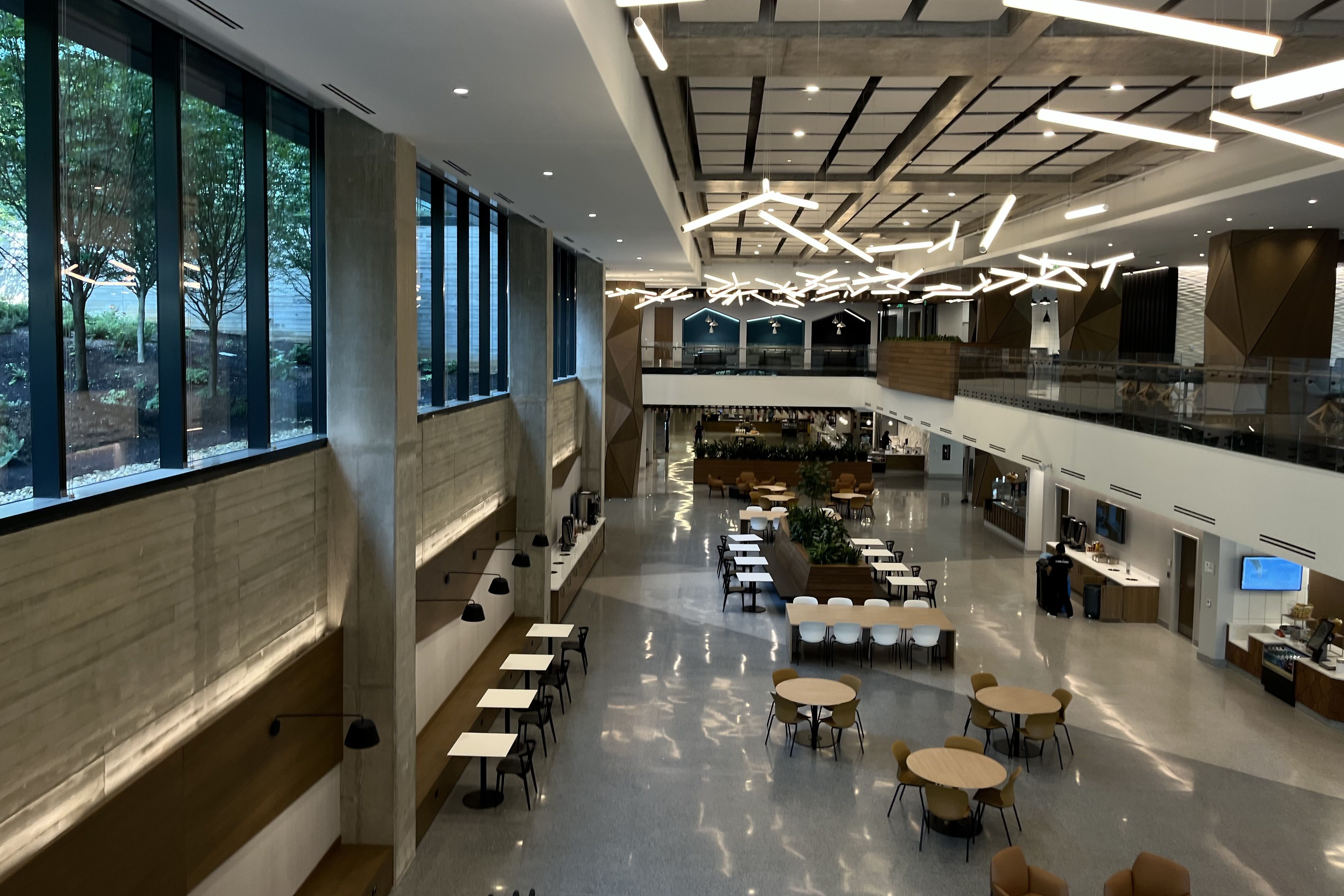 Spacious modern cafeteria with concrete walls, large windows showing green trees outside, white and wooden tables, chairs, circular and rectangular seating, and unique ceiling lights.