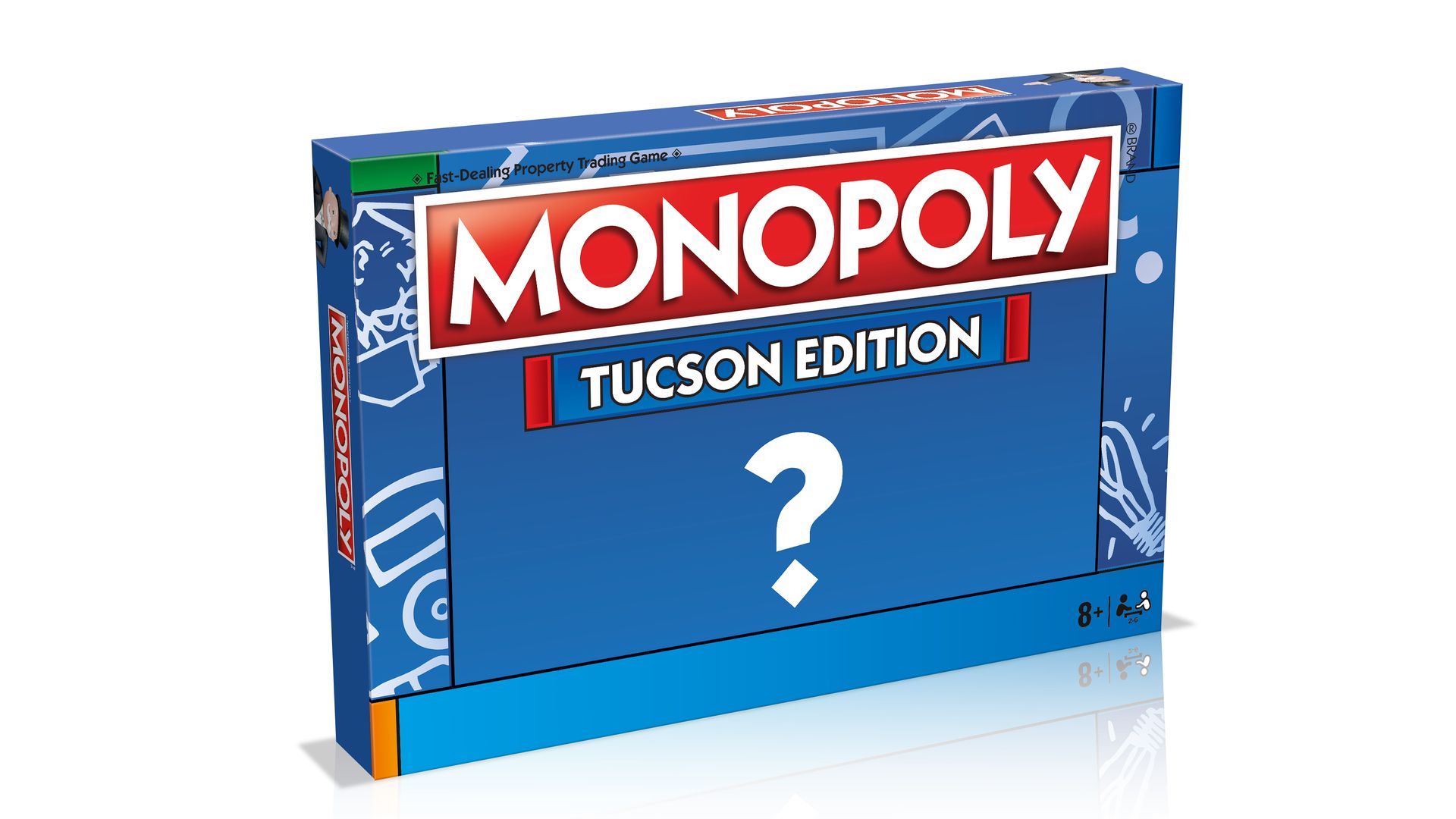 A blue box with the words Monopoly Tucson Edition above a question mark. 
