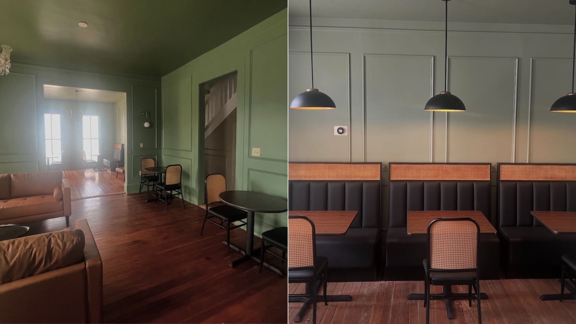 Two views of a cozy cafe interior featuring green walls, wooden floors, black tables, cane-backed chairs, leather booths, and black pendant lights.