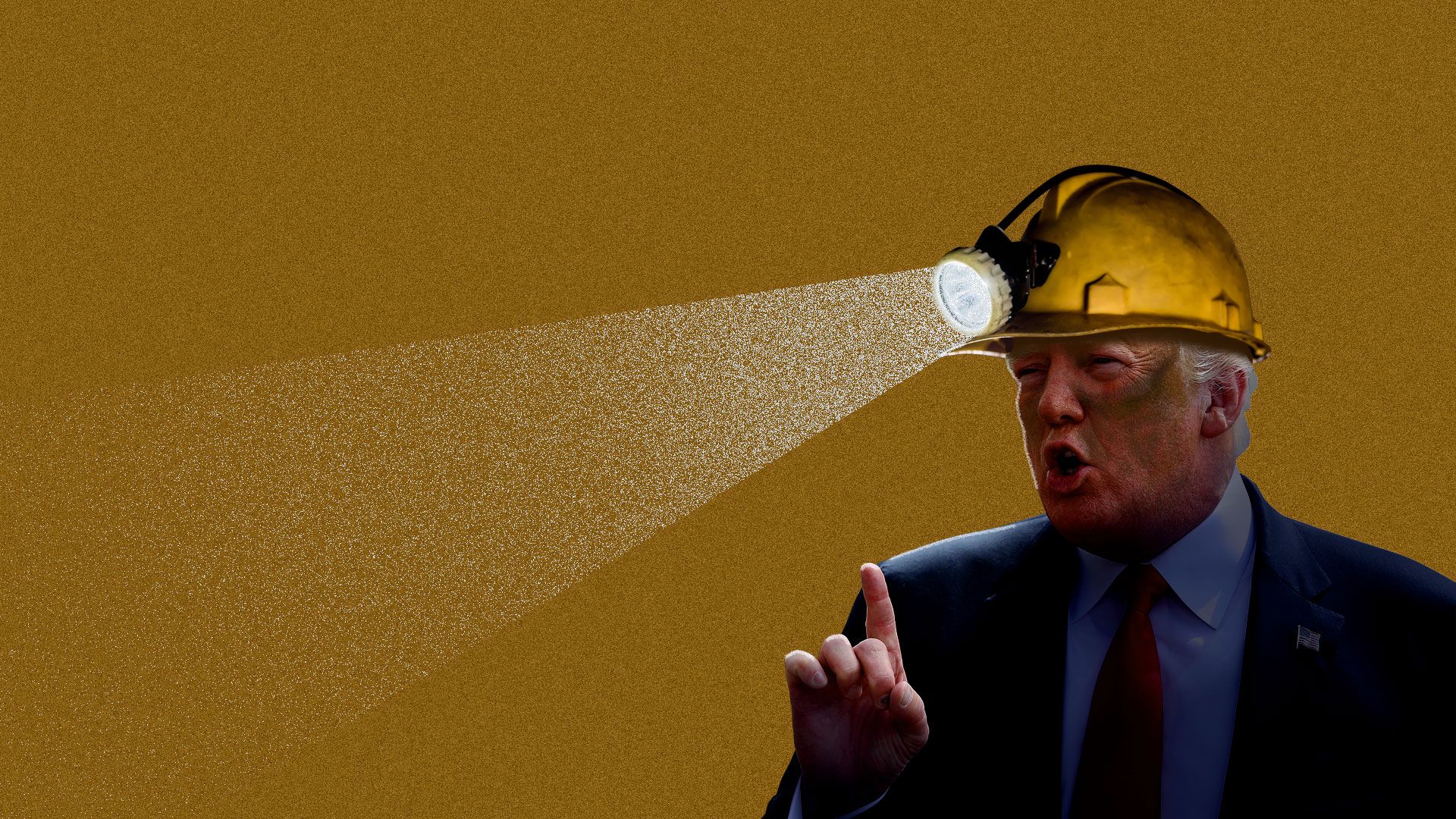 Donald Trump wearing a mining hat with an attached flashlight