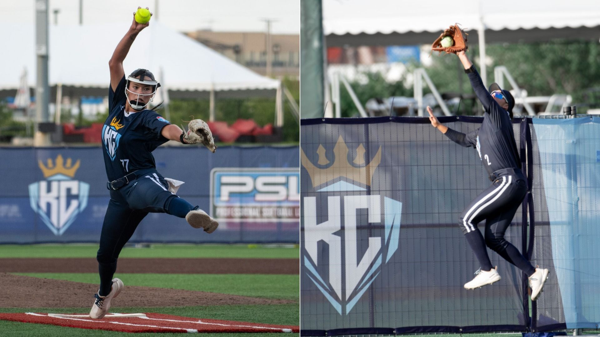 Split-image of two softball players in navy uniforms. Left: pitcher on the mound throwing a bright yellow ball, wearing a protective mask. Right: fielder leaps against a fence with a glove catching a ball.