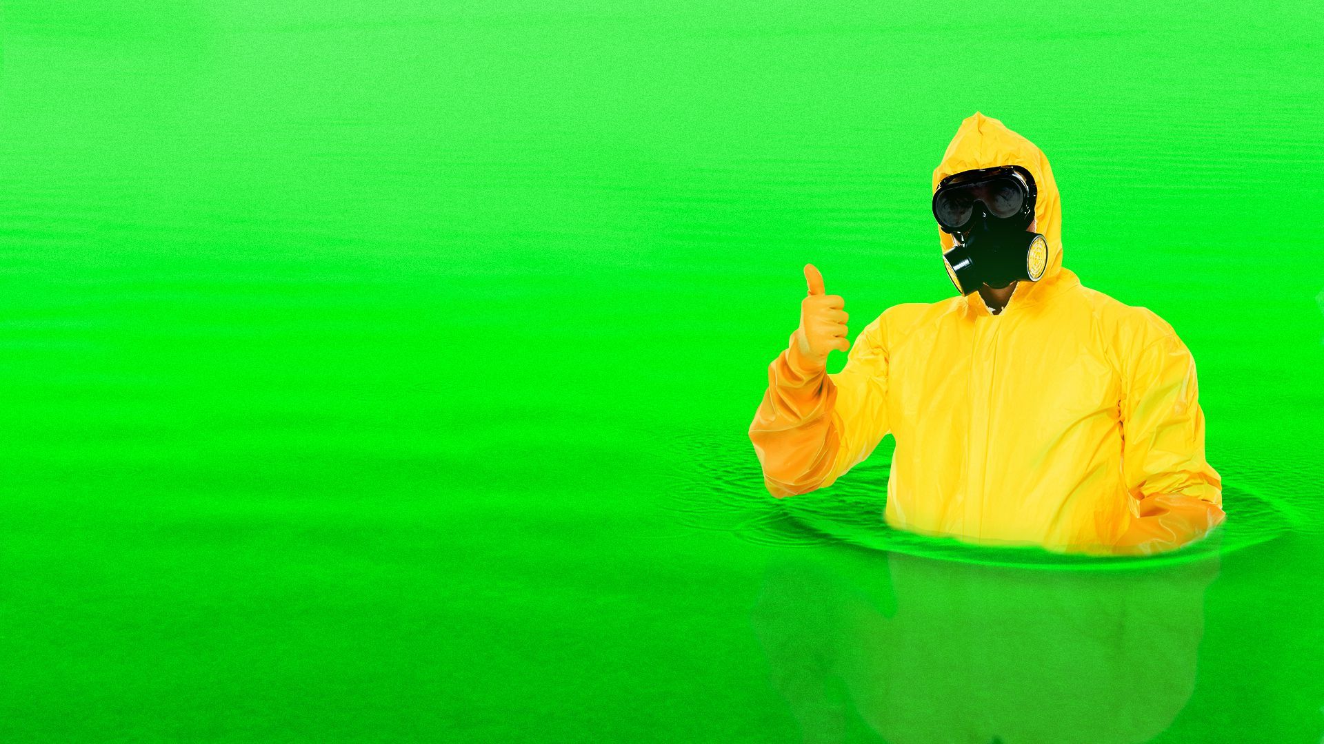 Illustration of a person in a hazmat suit giving a thumbs up while waist deep in radioactive liquid.  