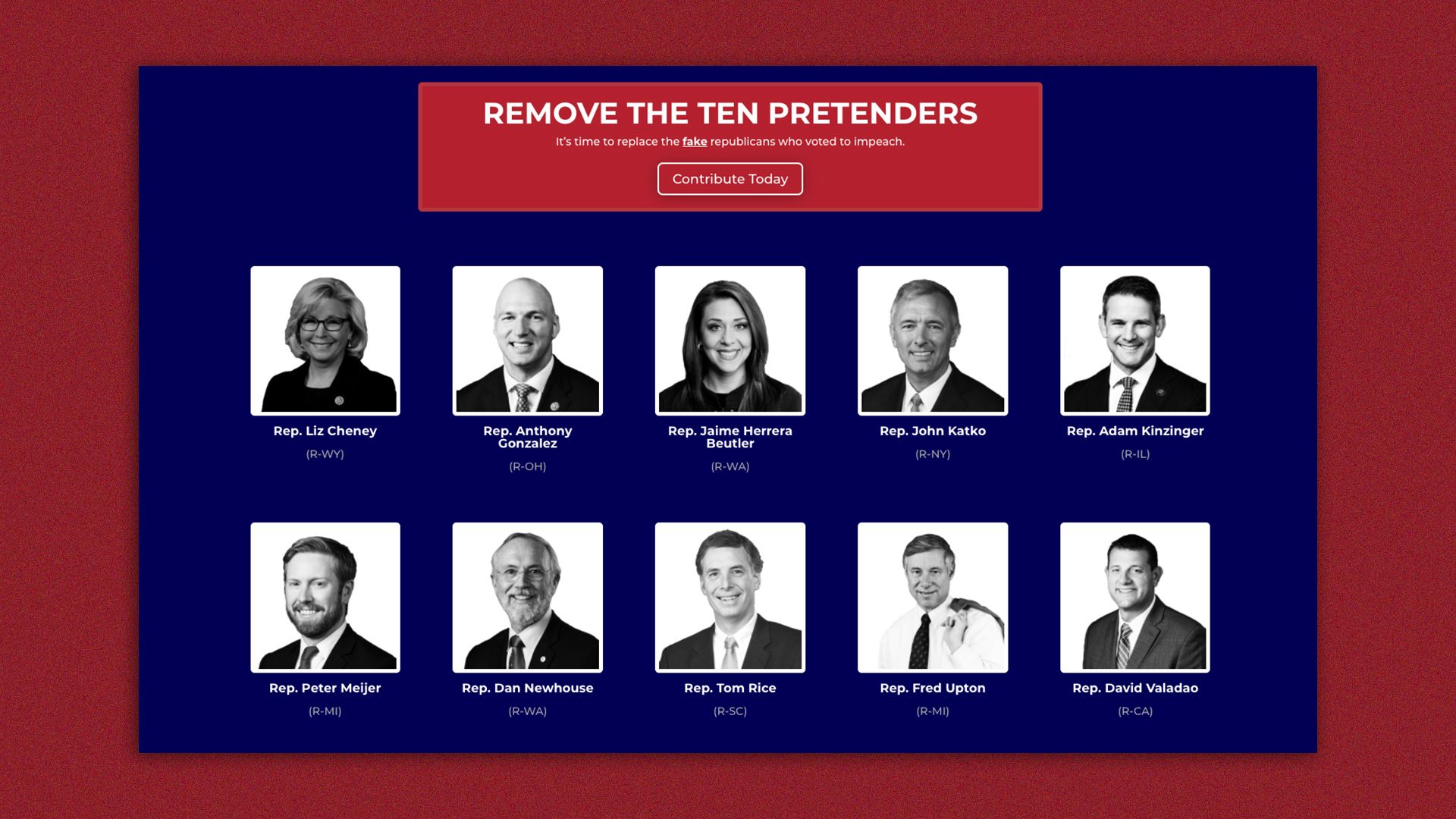 Screenshot of 10 black and white images of lawmakers on a super PAC website aimed at unseating GOP House members who voted to impeach former President Trump