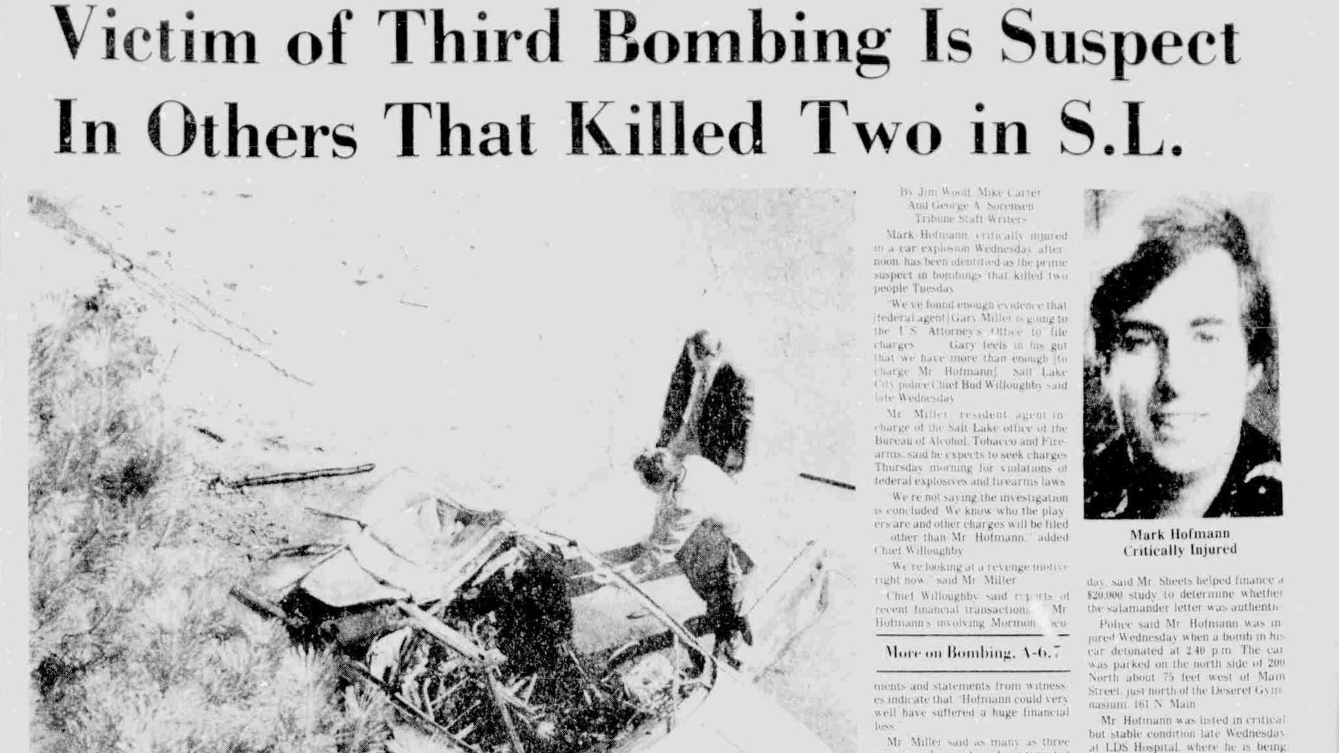 Newspaper headline reads "Victim of Third Bombing Is Suspect In Others That Killed Two in S.L."