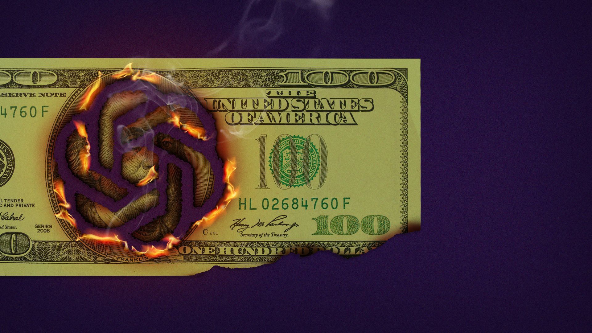 Illustration of a hundred dollar bill with the OpenAI logo burning into it.