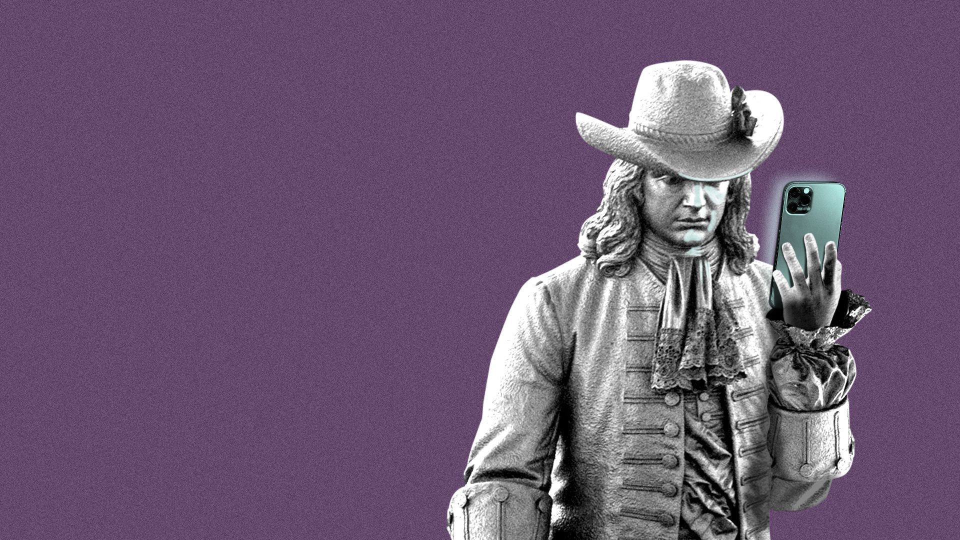 Illustration of the statue of William Penn, from Philadelphia City Hall, reading the news on his phone.