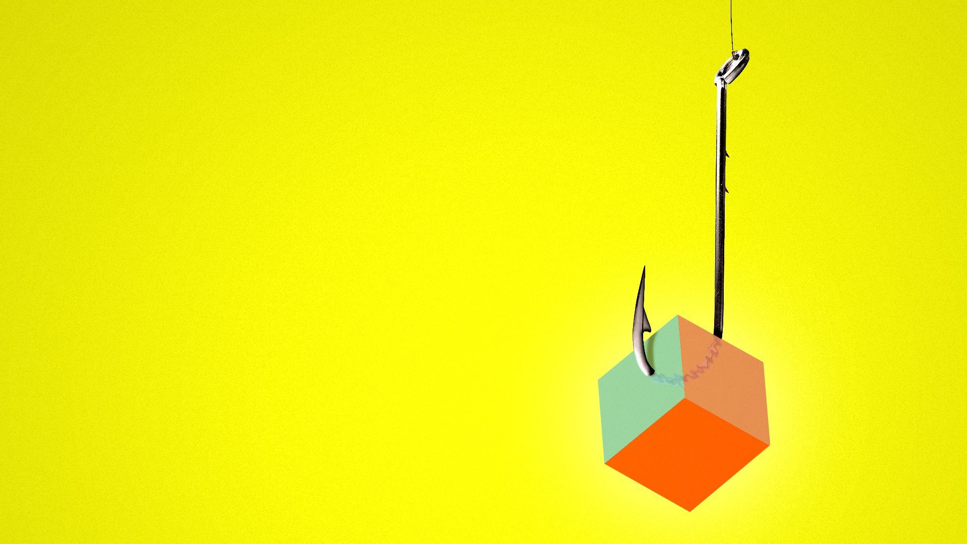 Illustration of a fishing hook with a speared multi-colored cube
