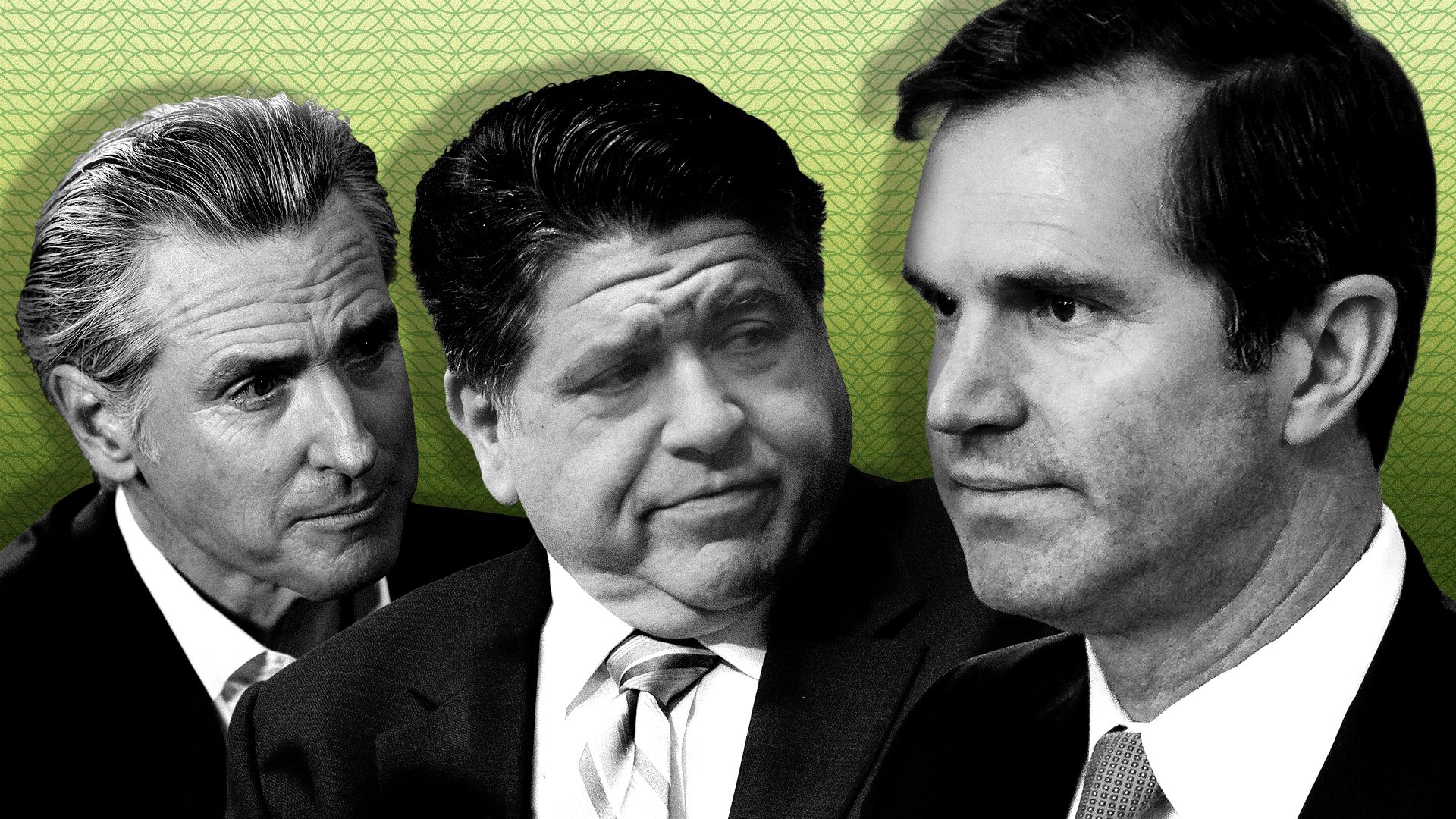 Photo illustration of Gov Gavin Newsom and Gov JB Pritzker looking skeptically at Gov Andy Beshear with a money texture in the background