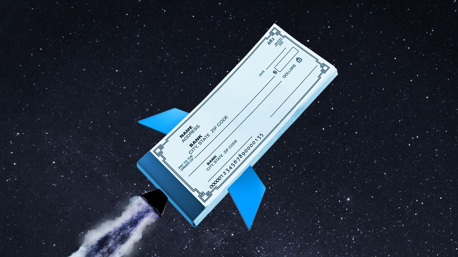 Illustration of a spaceship made from a checkbook flying through outer space
