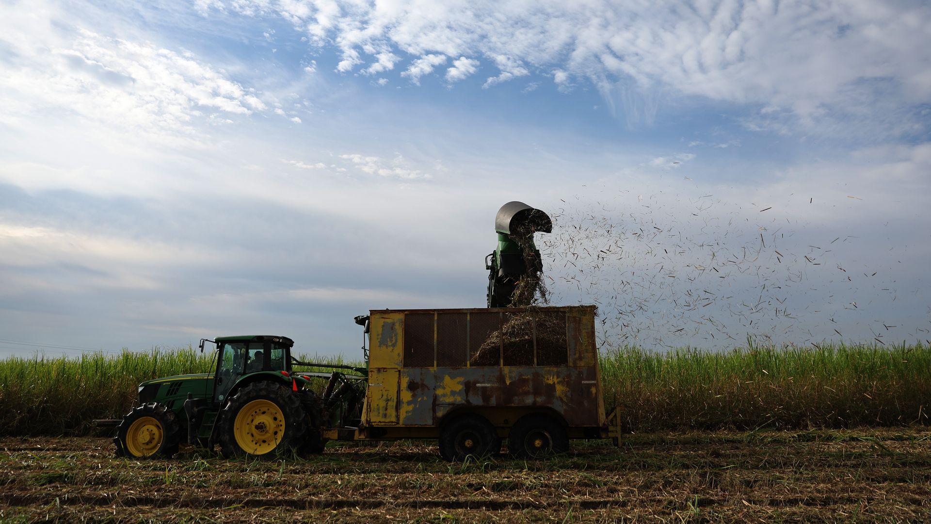 Green tractor with yellow wheels pulling a rusty yellow trailer, dispersing chopped plant material in a field under a partly cloudy blue sky.
