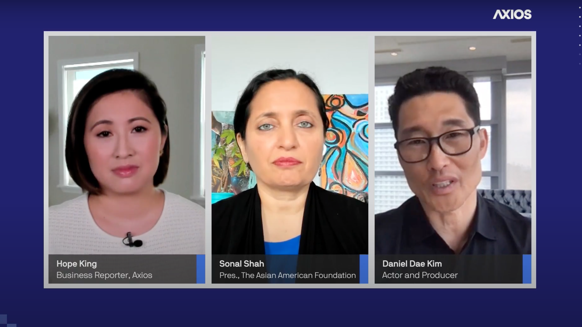Screengrab of Hope King, Sonal Shah, and Daniel Dae Kim speaking to the camera in different frames 