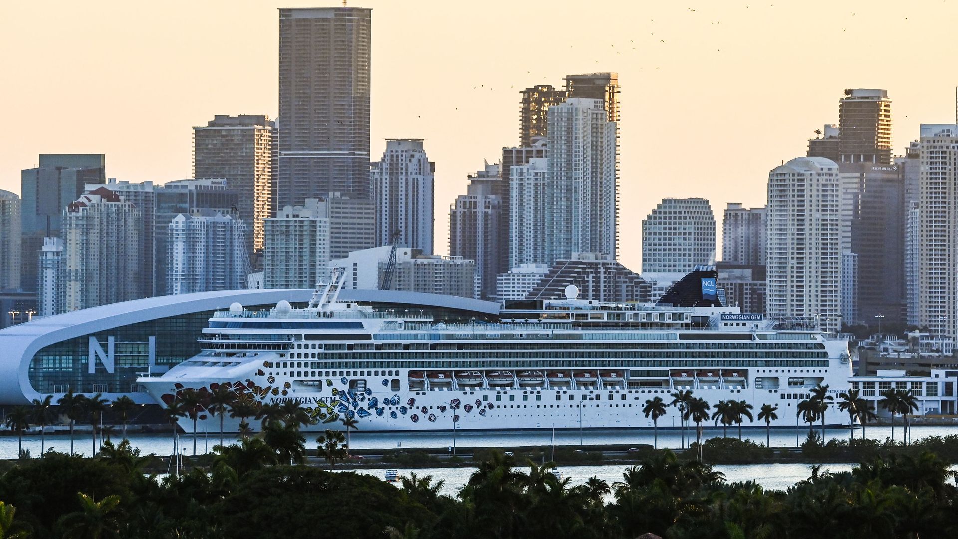 A docked Norwegian Gem cruise ship is seen at the Port of Miami in Miami Beach, Florida on April 14, 2021