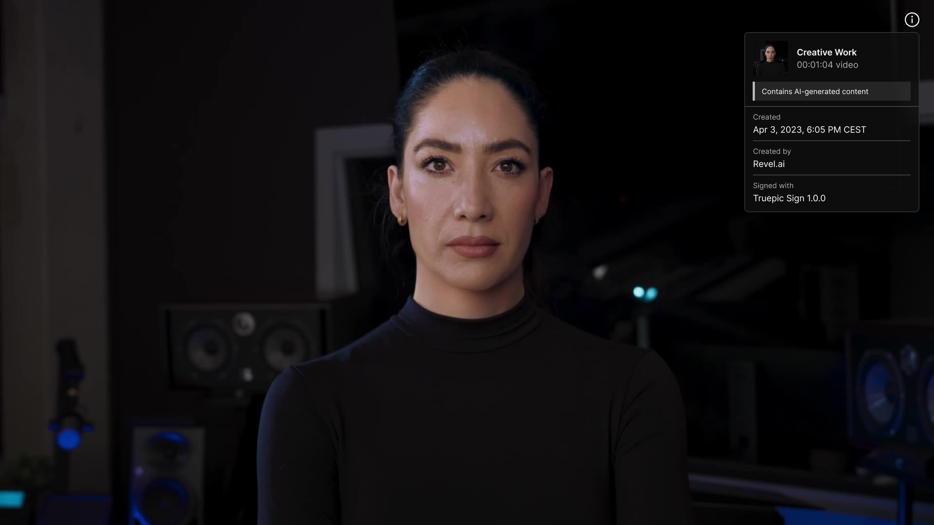 A deepfake video with provenance information showing it was created using AI technology