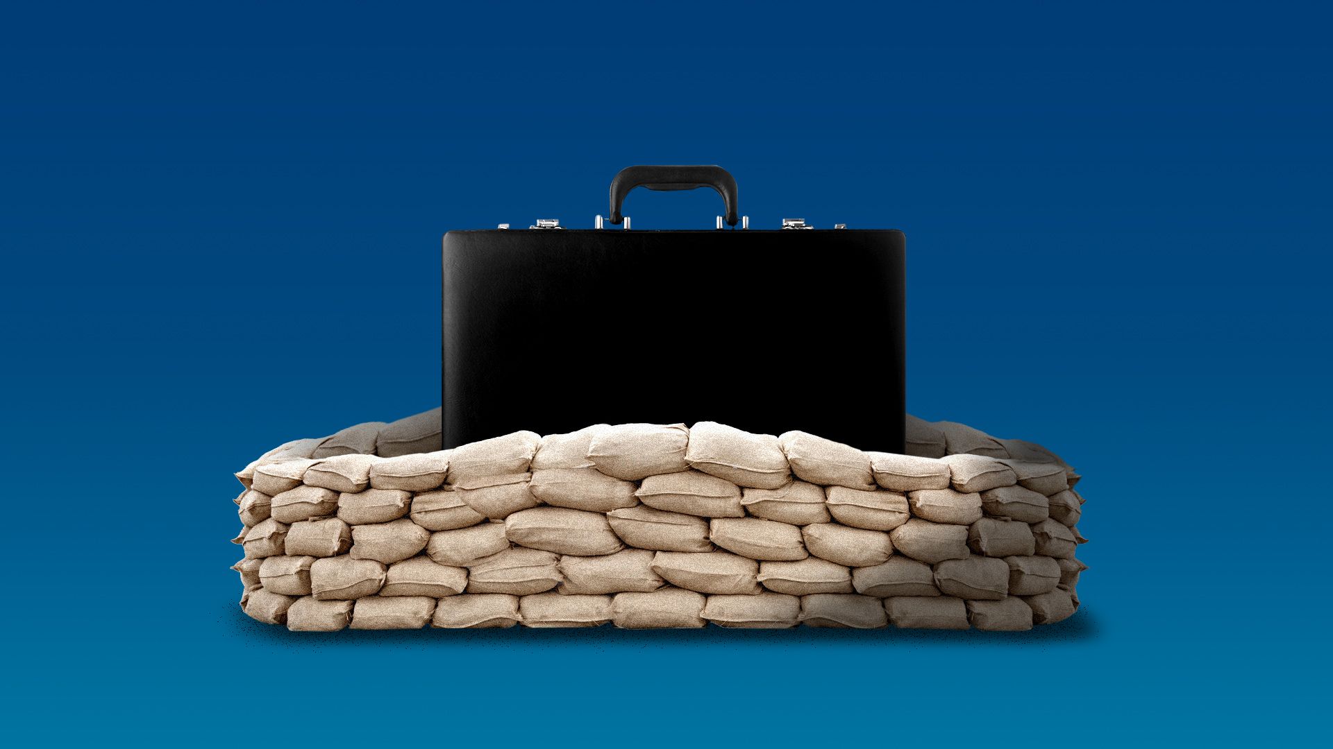 Illustration of a briefcase behind sandbags.