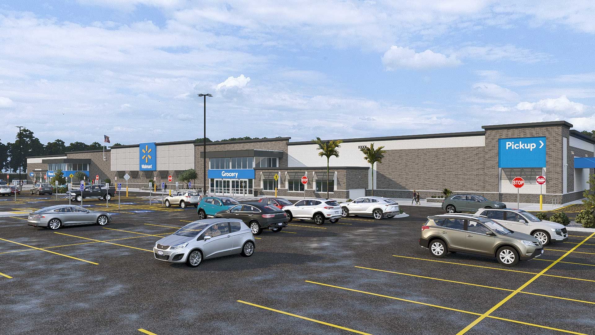An artists' rendering of a new Walmart Supercenter with cars parked in the foreground and the building in background.