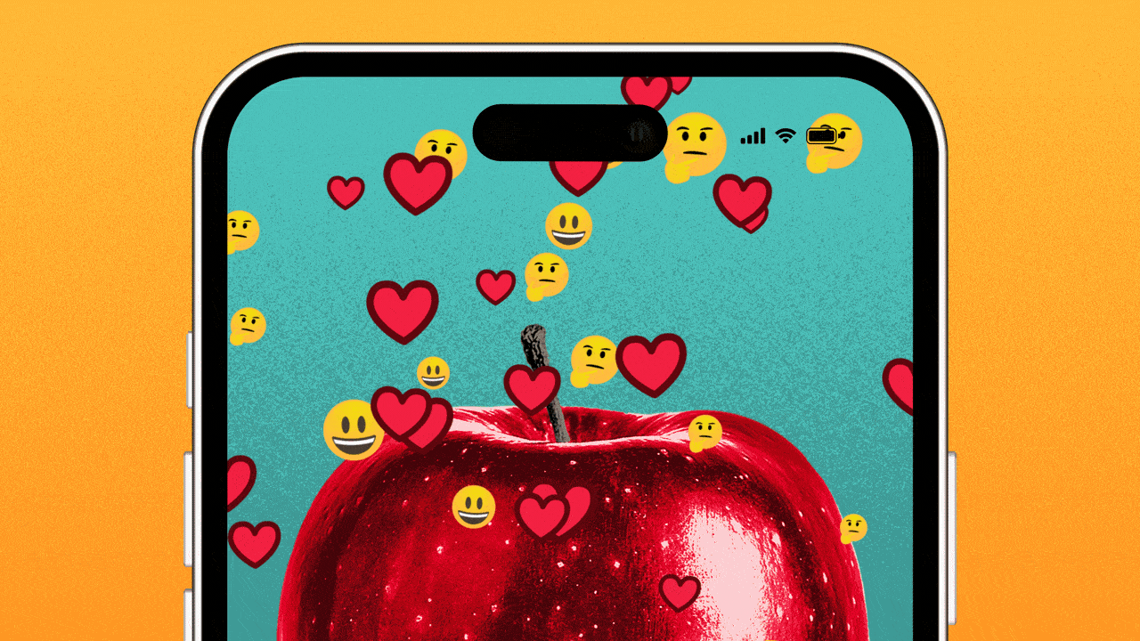 Animated illustration of a smartphone with an apple on the screen, and heart, smiling face and thinking face reaction emojis floating up the screen.