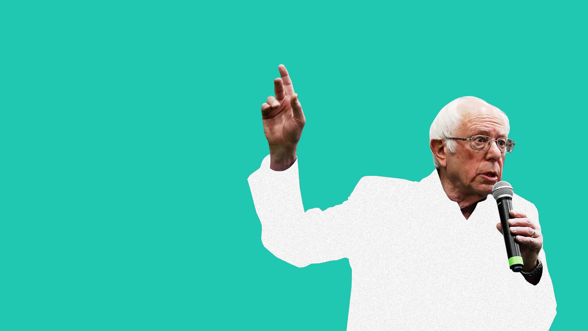 Photo illustration of Bernie Sanders gesturing and holding a microphone