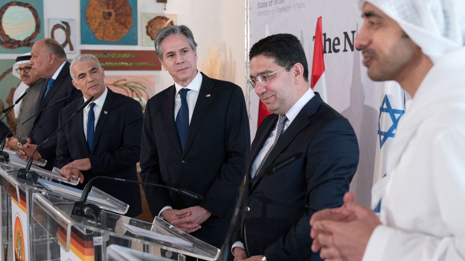 United Arab Emirates Foreign Minister Sheikh Abdullah bin Zayed Al Nahyan, right, makes remarks at the Negev Summit,