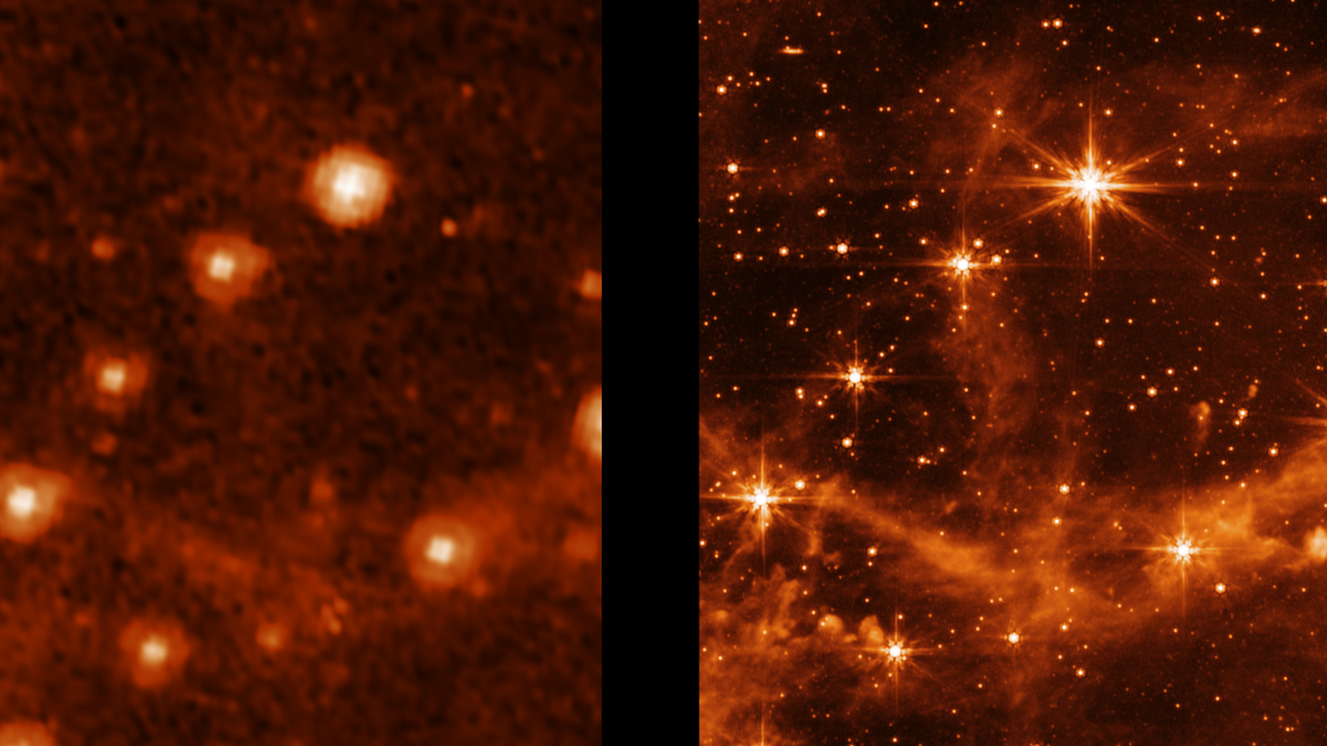 A side-by-side image of the Large Magellanic Cloud seen by Spitzer (left) and the JWST (right) in infrared.