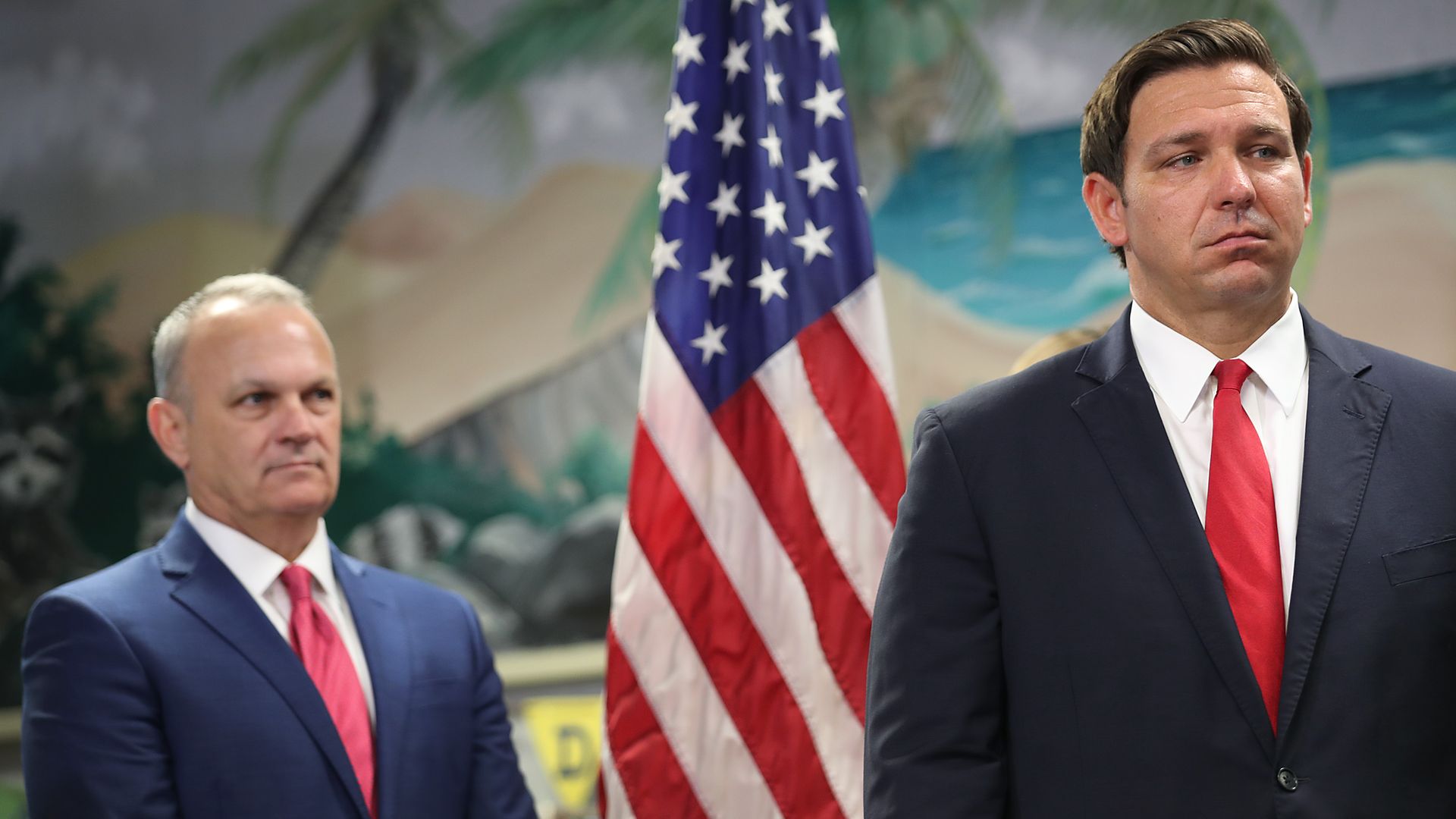 Florida Gov. Ron DeSantis (R) and Florida Education Commissioner Richard Corcoran (L) attend a press conference at Bayview Elementary School on October 07, 2019 in Fort Lauderdale, Florida.