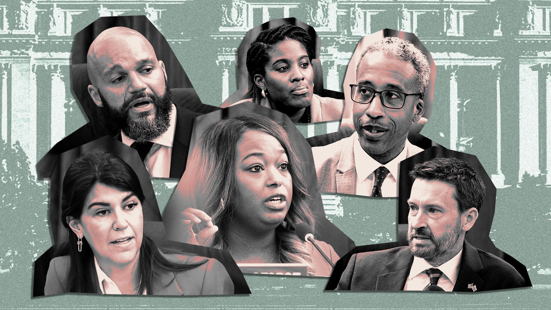 Photo illustration of cutouts of Robert White, Janeese Lewis George, Brooke Pinto, Charles Allen, Kenyan McDuffie, and Christina Henderson in front of the Wilson Building.