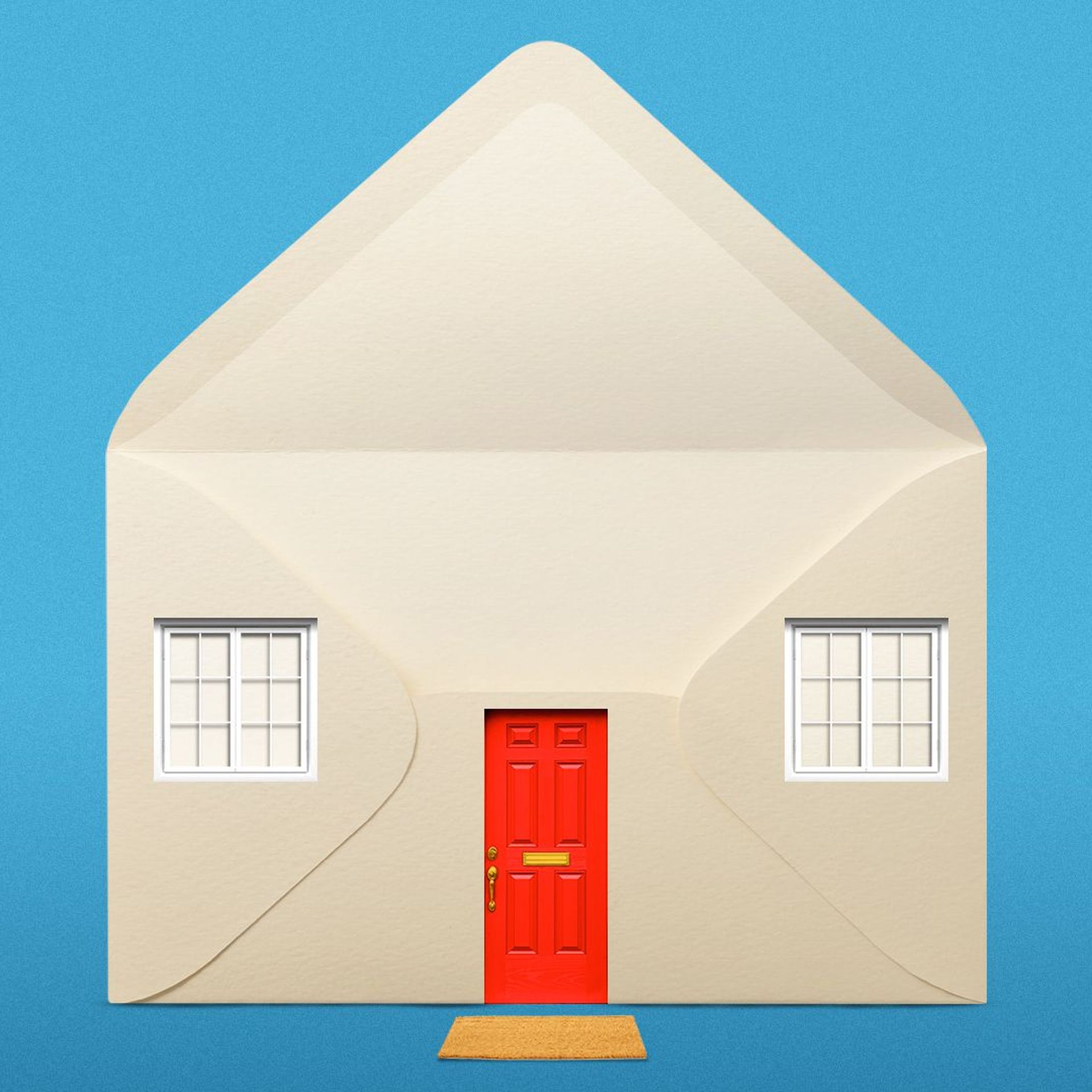 Illustration of an open envelope stylized as a house with a door, windows and a welcome mat.   