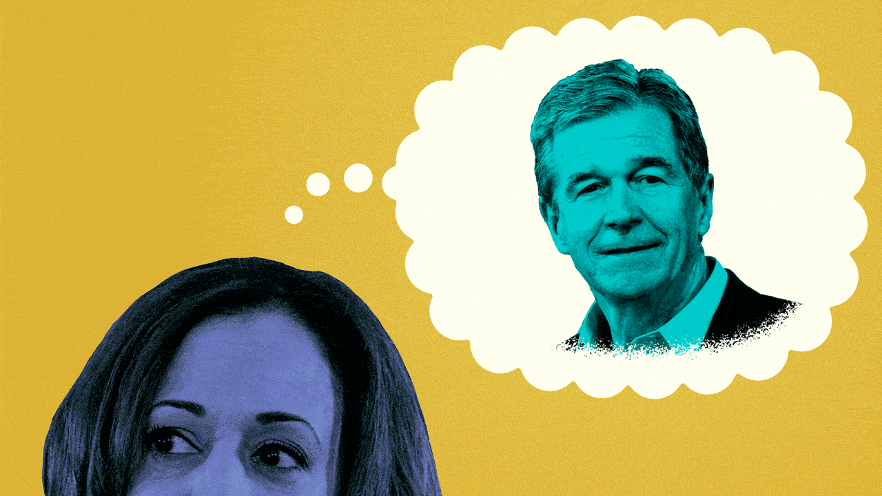 Animated photo illustration of a thought bubble coming from Kamala Harris, with Roy Cooper, Gavin Newsom, JB Pritzker, Josh Shapiro, Raphael Warnock, and Gretchen Whitmer cycling through it.