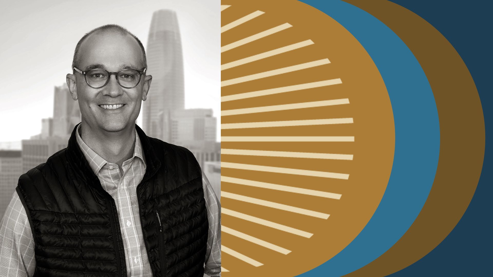 Photo illustration of Mark Gudiksen surrounded by abstract shapes and the Piva Capital logo.