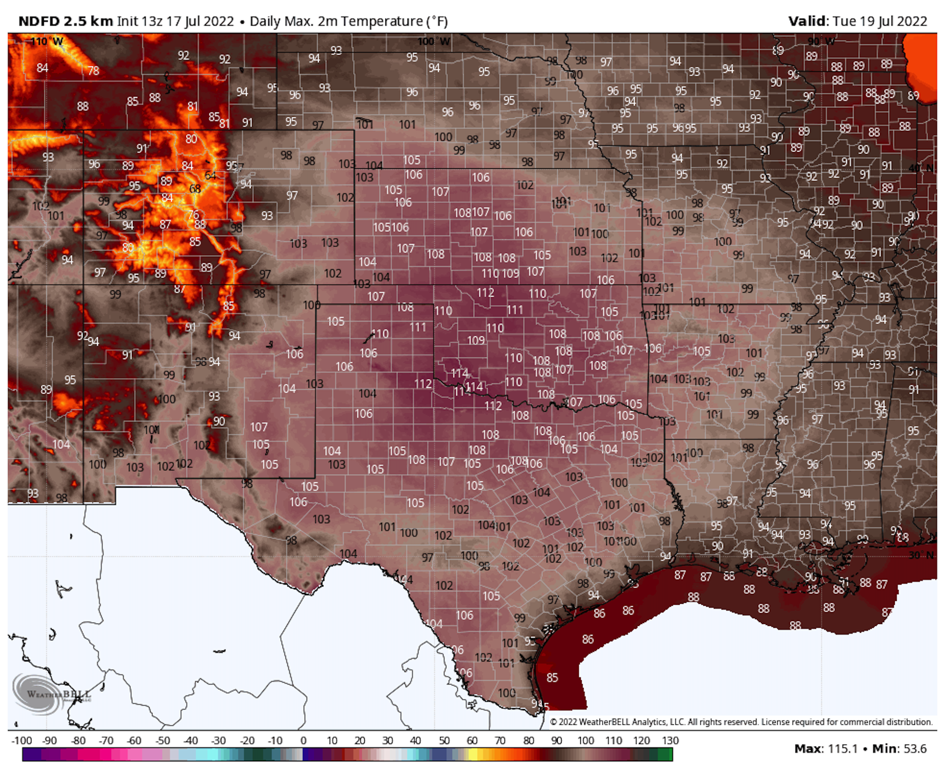 High temperature forecast map for July 19, 2022 in Texas and surrounding states.
