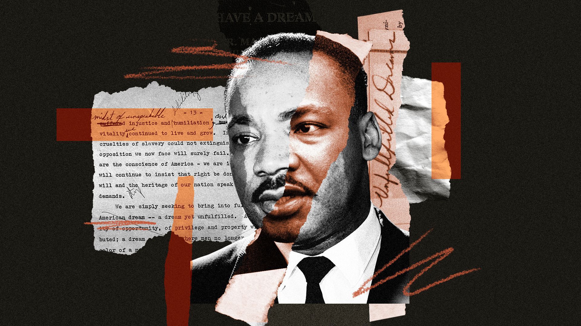Photo illustration of Dr. Martin Luther King Jr. in a collage of torn paper and abstract shapes containing his "I Have a Dream" speech.
